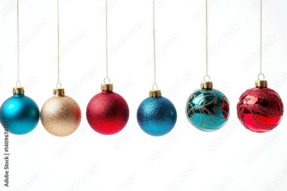 Festive holiday trinkets arranged in a sequence, infusing celebratory ambiance into Christmas decorations, isolated on a white background