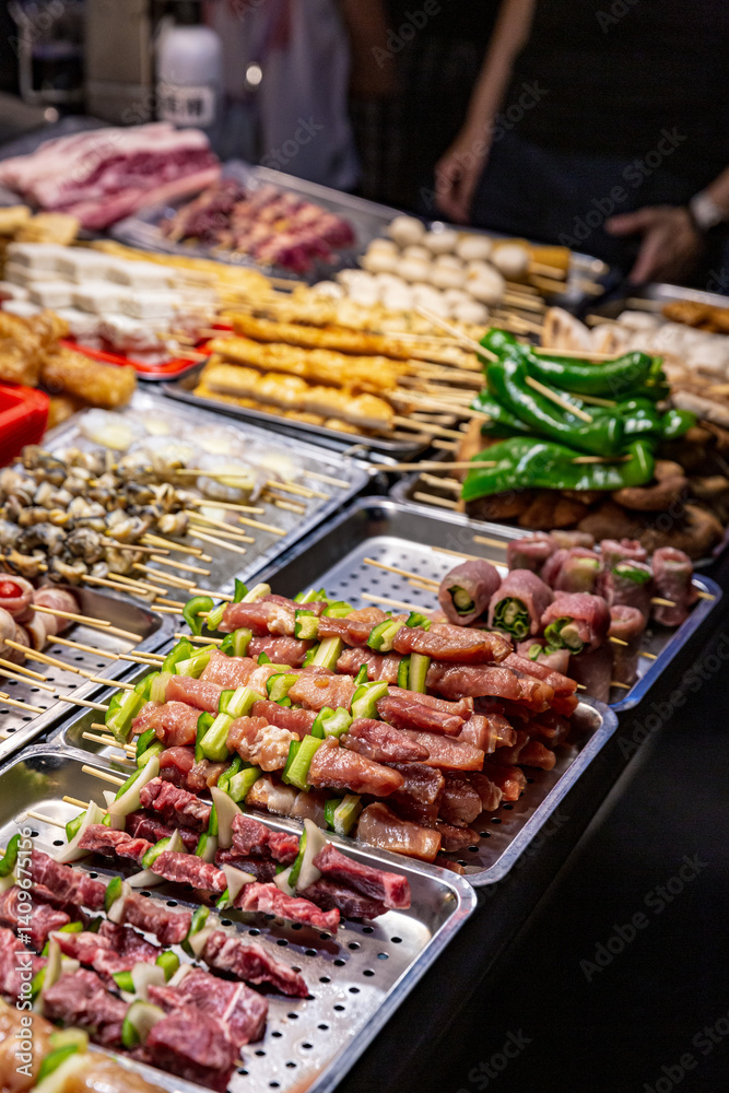 A close-up of skewered raw meats and vegetables on trays under bright lights at a Taiwanese night market, showcasing a variety of barbecue options A close-up of skewered raw meats and vegetables on trays under bright lights at a Taiwanese night market, showcasing a variety of barbecue options