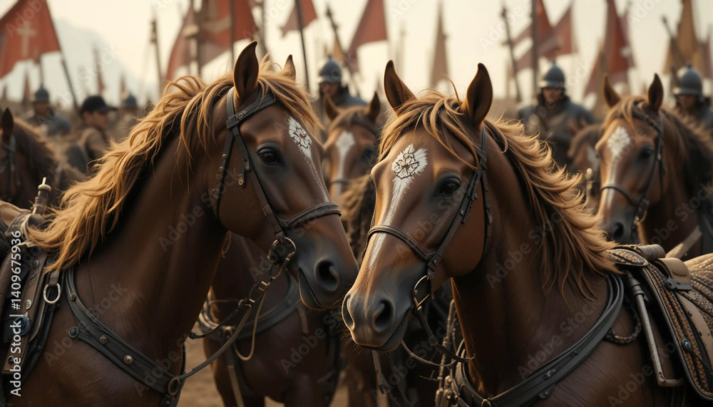 Fototapeta premium Horses With Ornamental Markings Stand in Formation Among a Gathering of Soldiers in a Historical Reenactment Event