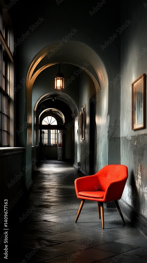 Fototapeta premium A vibrant red armchair sits alone in a dimly lit, arched hallway of an old building