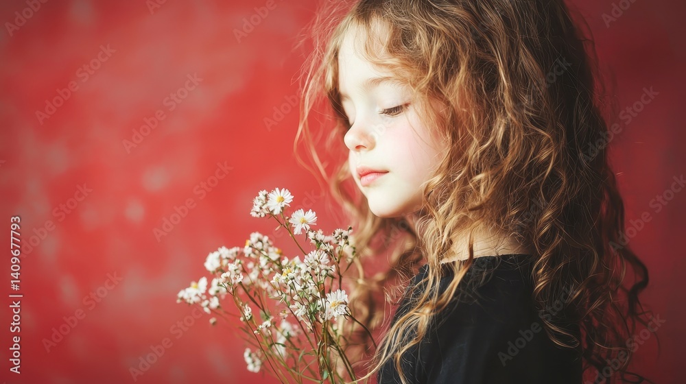 Naklejka premium Tender Moment A Little Girl with Flowers Against a Red Background