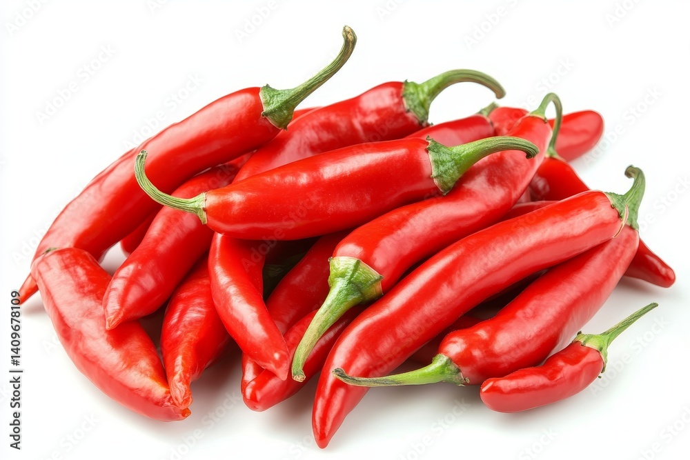 Freshly picked red chili peppers are spread across a white background, great for culinary-based themes Freshly picked red chili peppers are spread across a white background, great for culinary-based themes