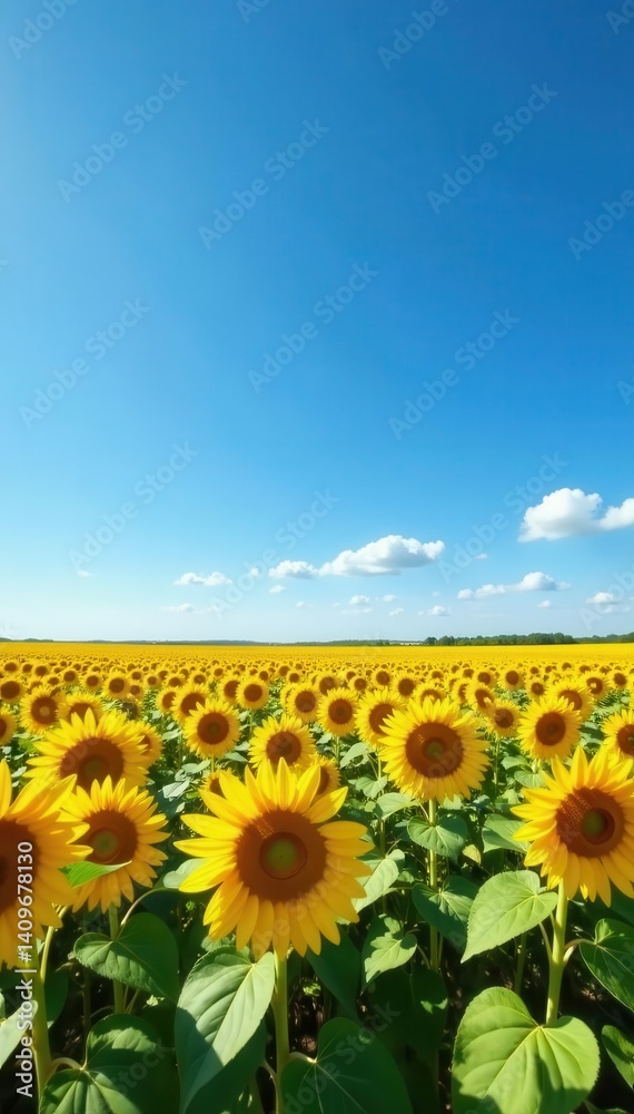 Fototapeta premium Vast sunflower field stretches to horizon under cloudless blue sky , agriculture, sunny, color