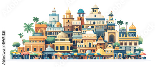 vibrant illustration of cityscape with bustling markets, featuring diverse architectural styles and colorful buildings. scene is lively with market stalls and lush greenery