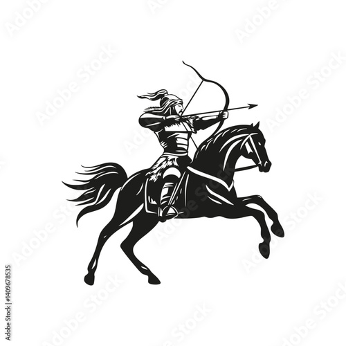 Mounted Archer In Action Silhouette Set. Historical Warfare And Equestrian Skills Isolated Vector Illustration Collection