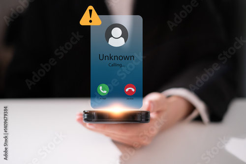 Scam spam call number mobile phone screen security communication fraud technology concept