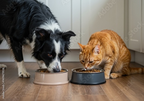 Border Collie dog and ginger cat eating food from bowls