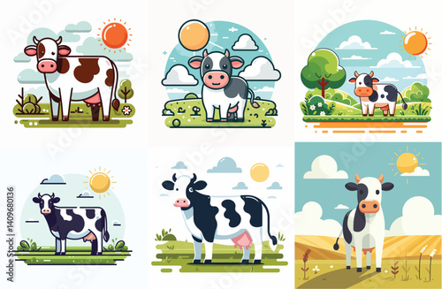 a set of vector images of cows standing on a meadow