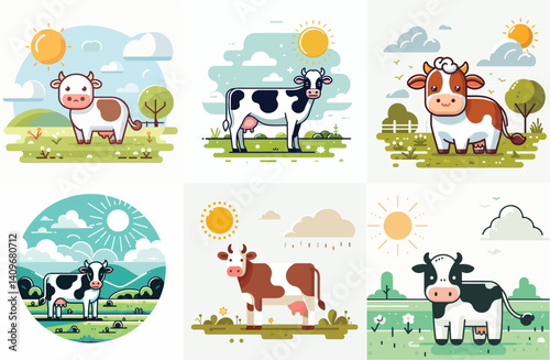 a set of vector images of cows standing on a meadow
