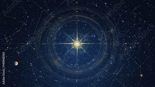 Celestial compass guiding star amidst constellations, cosmic background, website header