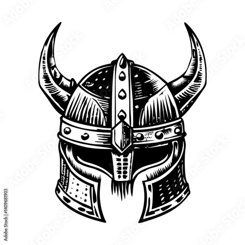 Horned viking helmet illustration in vintage style