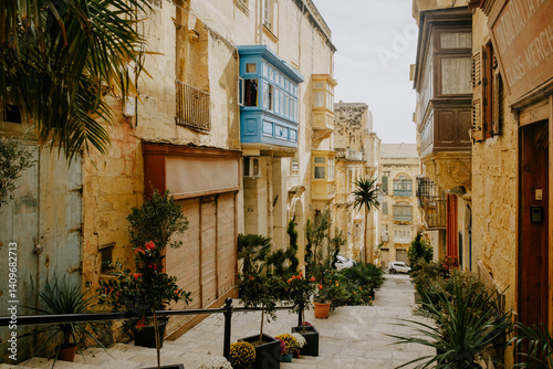 Valetta streets with coloured windows in Malta