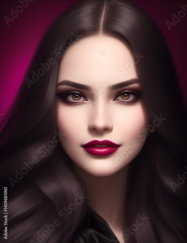 Elegant Woman Portrait: Close-up portrait of a young woman with dark, wavy hair, striking brown eyes, and deep red lipstick. Her expression is confident and alluring.
