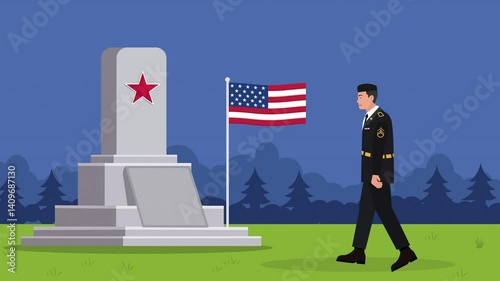 Memorial Day - Honoring All Who Served, and soldier Paying respect flat art animation.