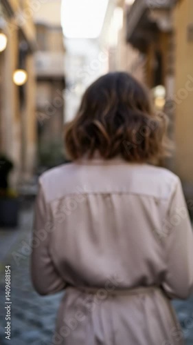 Wallpaper Mural Rear view of a woman with wavy short hair wearing a beige blouse, strolling through a narrow European street. The scene features warm tones, blurred background, and soft natural light. Torontodigital.ca