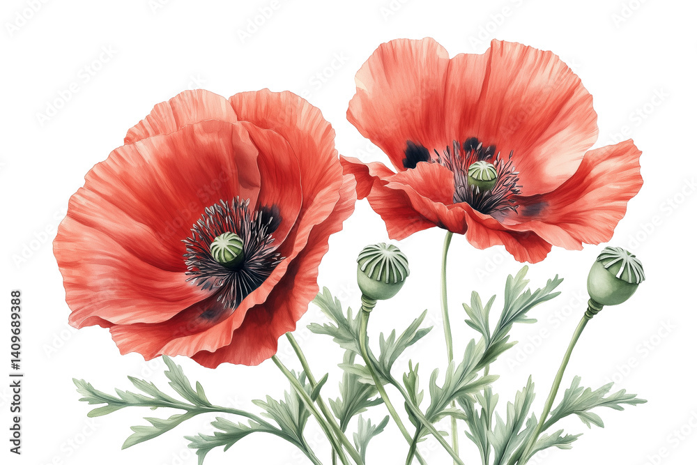 Obraz premium Hyper-realistic red poppy flower with delicate crinkled petals and green seed pod, isolated on white background, botanical illustration