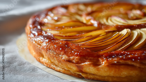 Glazed apple slices on puff pastry dessert tart