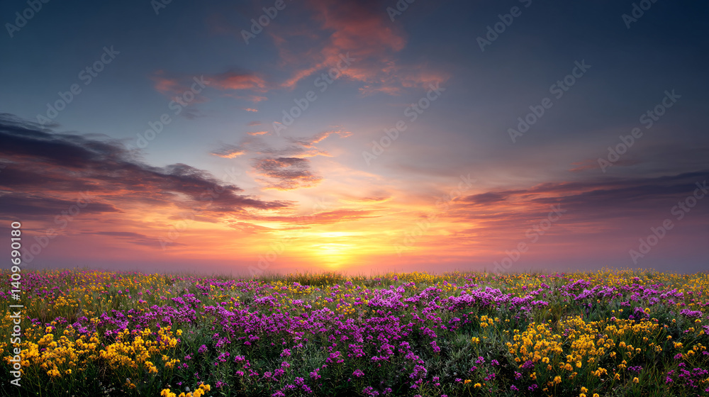Obraz premium glowing summer sunset casts vibrant colors over meadow filled with wildflowers, creating serene and picturesque landscape. sky is painted with hues of orange, pink, and purple