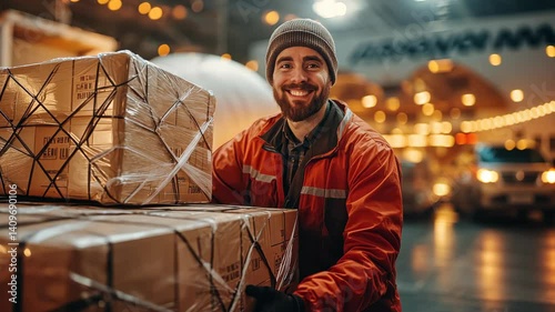 Smiling Cargo Worker Moving Packages at Night