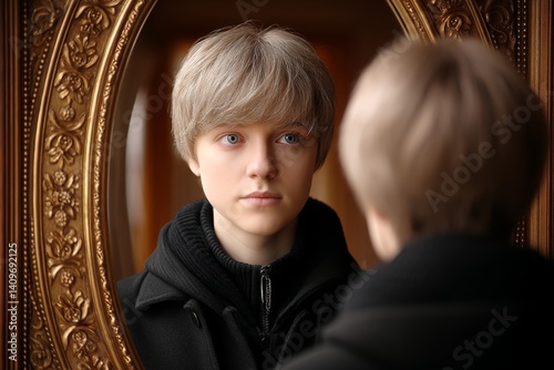 A realistic person looking into a mirror that shows their inevitable future
