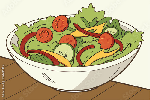 A fresh vegetable salad bowl with green lettuce, red tomatoes, and cucumber offers a healthy vegetarian meal.