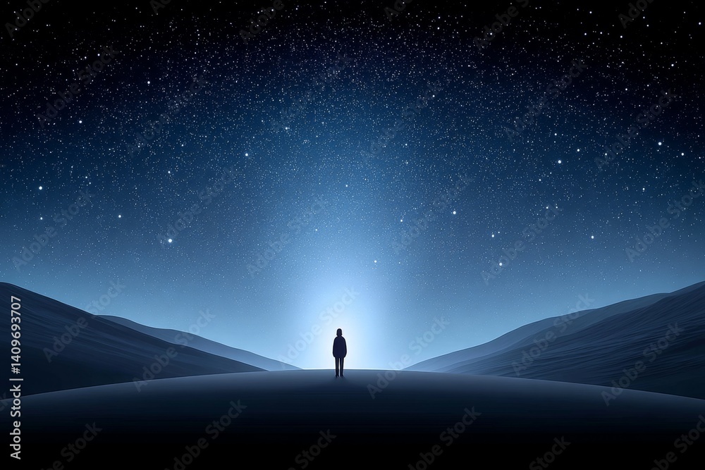 Fototapeta premium A solitary figure standing under a vast night sky, questioning existence