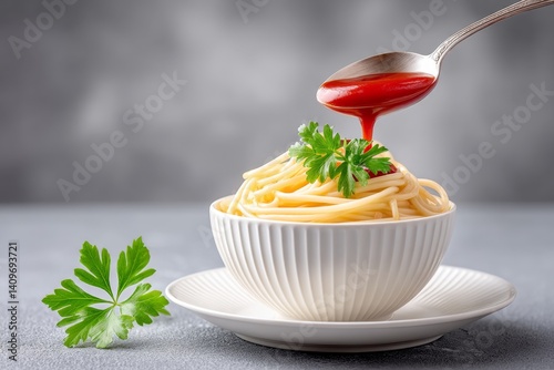 A spoonful of Pad Thai sauce being poured over the noodles