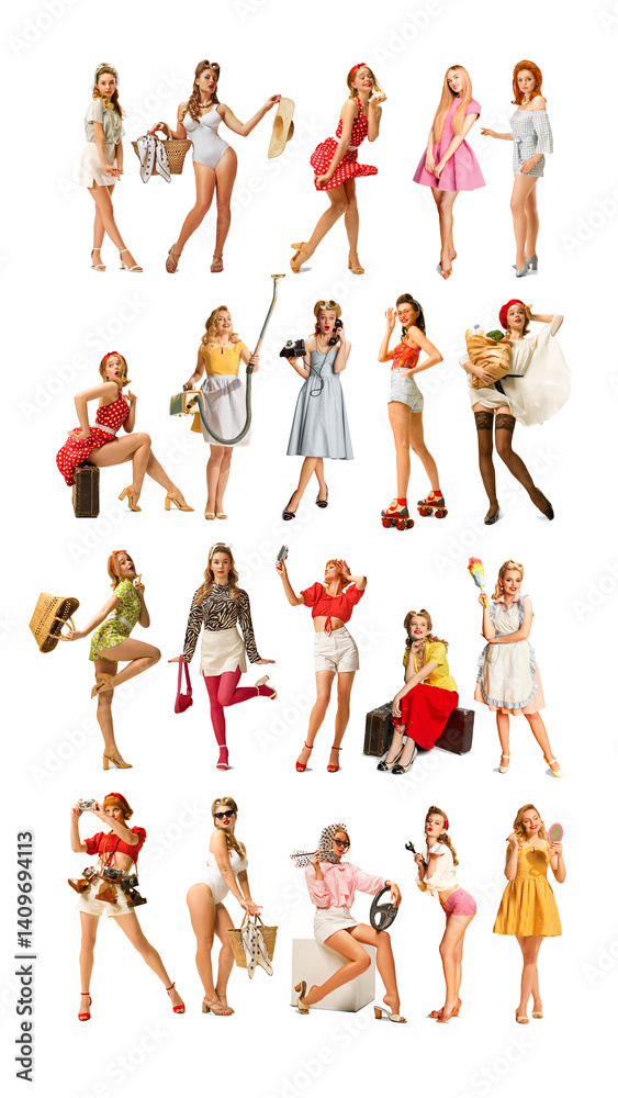 Vertical image of retro-styled girls posing in vintage dresses, swimsuits, and rompers with accessories like phones and hats. Collage. Concept of pin up beauty, diversity, retro femininity Vertical image of retro-styled girls posing in vintage dresses, swimsuits, and rompers with accessories like phones and hats. Collage. Concept of pin up beauty, diversity, retro femininity