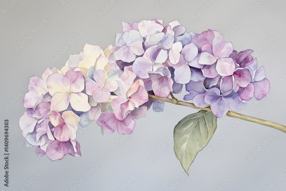 Fototapeta premium Delicate watercolor hydrangea blossoms in pastel hues.