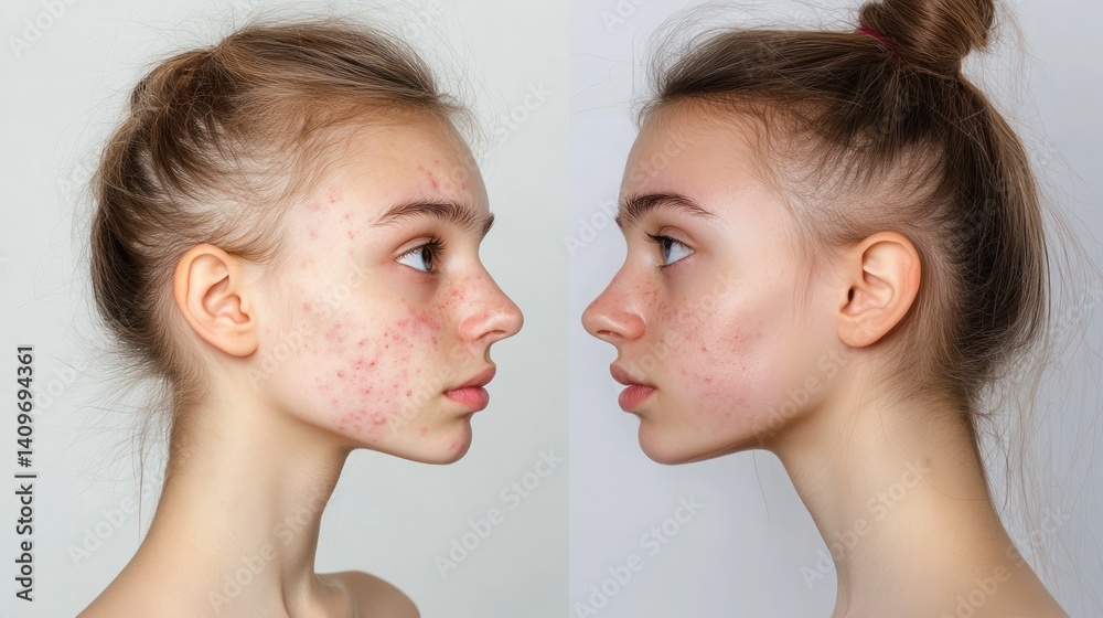 Teen girl acne before & after treatment studio shot Teen girl acne before & after treatment studio shot