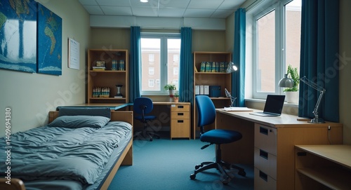 quiet dormitory room with study desk and unmade bed cinematic view background 