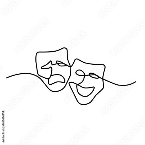 Tragedy and humor theater masks one line art continuous line vector illustration.