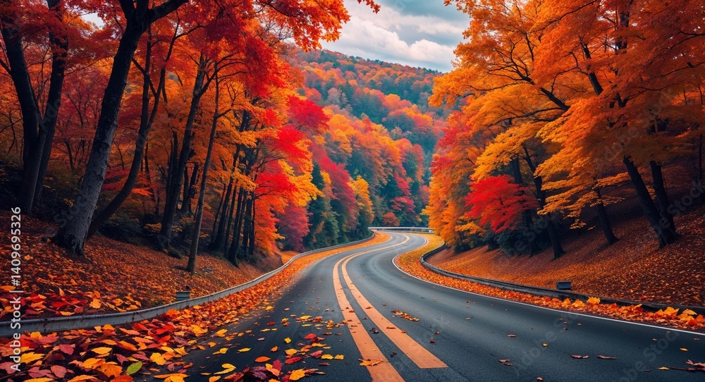 Fototapeta premium winding roads with colorful autumn leaves cinematic view background 