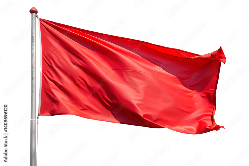 red flag fluttering in the wind cut out isolated on white background PNG , AI GENERATED