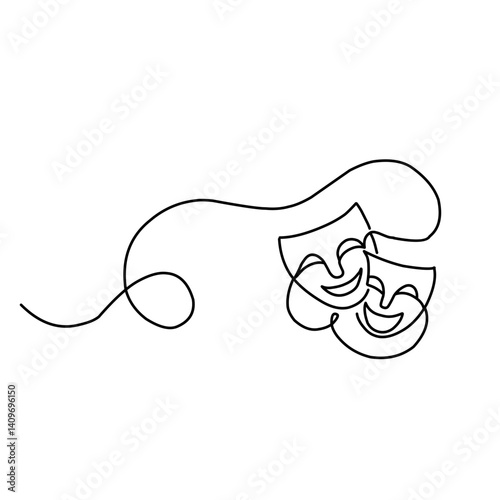 Tragedy and humor theater masks one line art continuous line vector illustration.