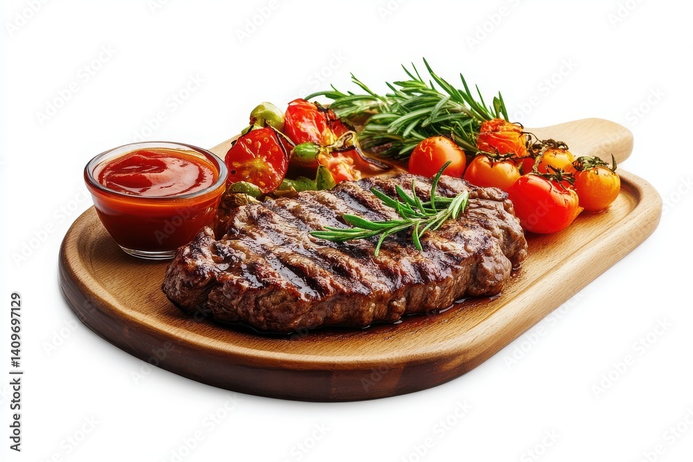 Isolated white background: sizzling steak platter with flavorful dipping sauce. Isolated white background: sizzling steak platter with flavorful dipping sauce.