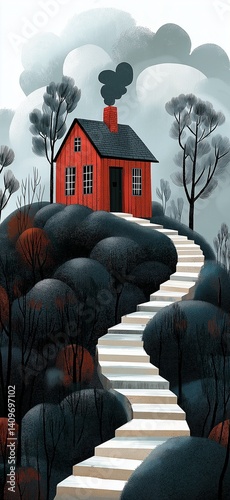 Red cottage on hilltop with winding stairs and moody forest