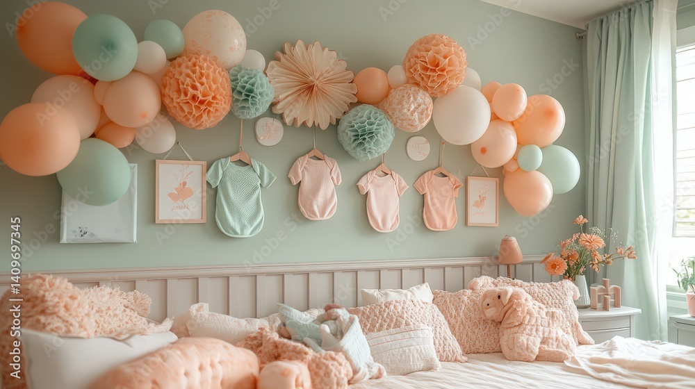 Charming nursery ambiance showcasing celebratory decor and cozy furnishings for a newborn