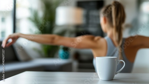 White coffee mug with woman stretching in blurred background
