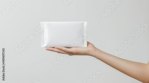 Hand holding blank white packaging pouch on gray background