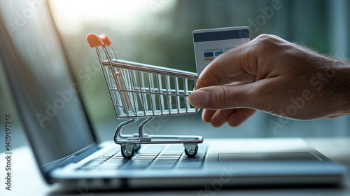 Obraz na płótnie Typing on silver laptop, user accesses multichannel commerce system with multiple payment icons and shopping cart interface w salonie