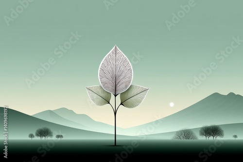 Minimalist green line art of a tea leaf on a rolling hill