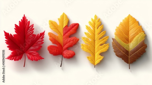 Fototapeta Naklejka Na Ścianę i Meble -  Autumn leaf set in 3D. Red, yellow maple, oak, and birch leaves on white. Stylized fall foliage for seasonal designs.