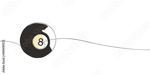 Stylized line drawing of a black billiard 8-ball in motion, featuring simple curves and a clean white background.