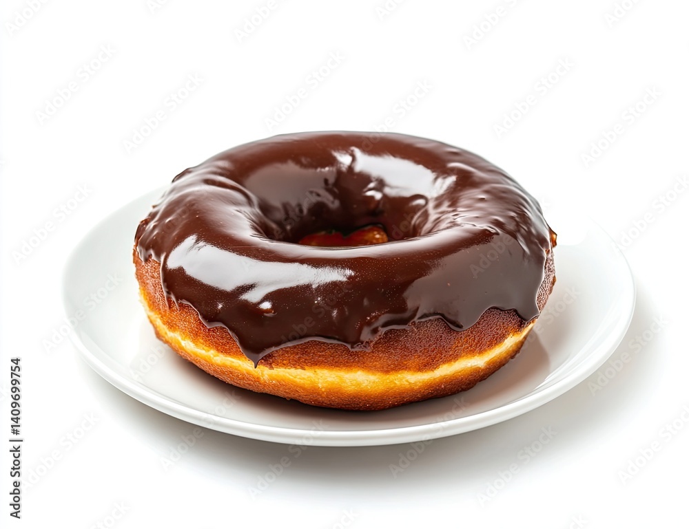 Chocolate-glazed donut on a white plate Chocolate-glazed donut on a white plate