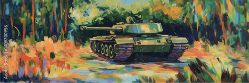 vector illustration of tank in style of oil painting on canvas