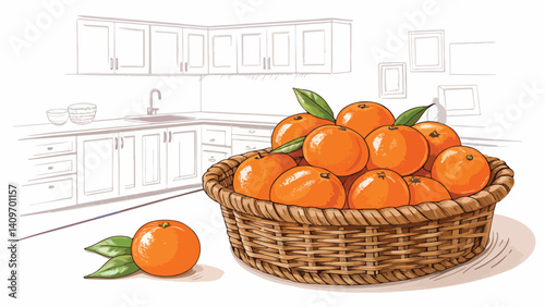 Mandarin vector design, Mandarin with Mandarin slice in basket on table in kitchen Illustration vector design