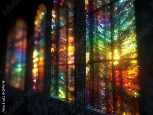 Sunlight streams through vibrant, colorful stained glass windows, creating a dazzling display of light and color in the architecture.
