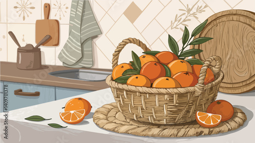 Mandarin with Mandarin slice in wicker basket in kitchen vector design, Mandarin vector design