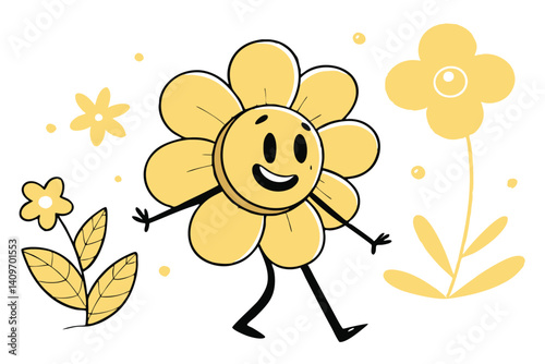 Animated Yellow Flower Character with Smiling Face, Black Limbs, Walking Pose on White